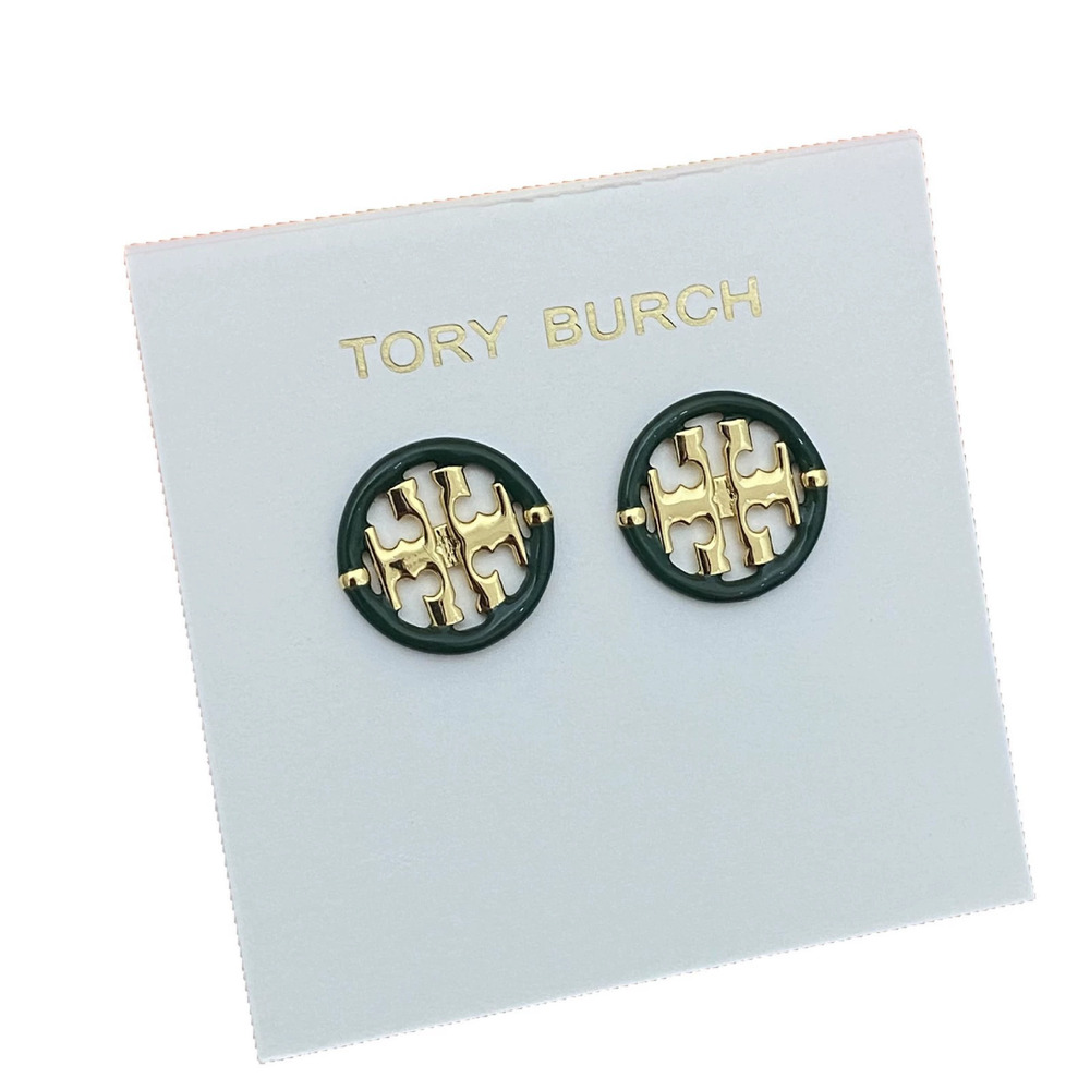 Tory Burch Green Enamel Hollow Round Stud Earrings - Picture 5 of 9